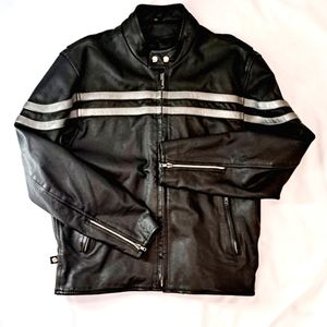 Men's Hot Leather Black Vintage Motorcycle Jacket with Double Silver Stripe